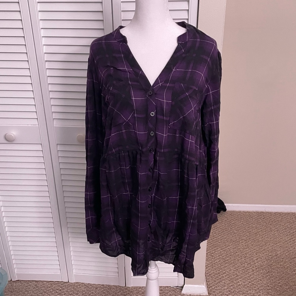 Purple Plaid Button-Front Women’s Top. Baby Doll